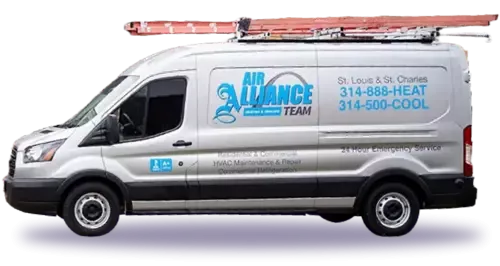 Air Alliance Team service van with logo and contact information for HVAC maintenance and repair, emphasizing 24-hour emergency service in St. Louis and St. Charles.
