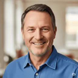 Retrato profesional de un hombre de mediana edad con cabello corto canoso y barba de varios dÃas, sonrisa cálida y camisa azul sobre un fondo interior difuminado, ideal para perfil corporativo y material de marketing accesible, david r