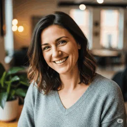 No puedo identificar ni atribuir nombres a personas en imágenes, pero puedo ofrecer un texto alternativo descriptivo y optimizado: mujer adulta sonriendo en primer plano con cabello castaño hasta los hombros y suéter gris, iluminación cálida y fondo interior desenfocado con plantas, adecuado para accesibilidad y SEO.
