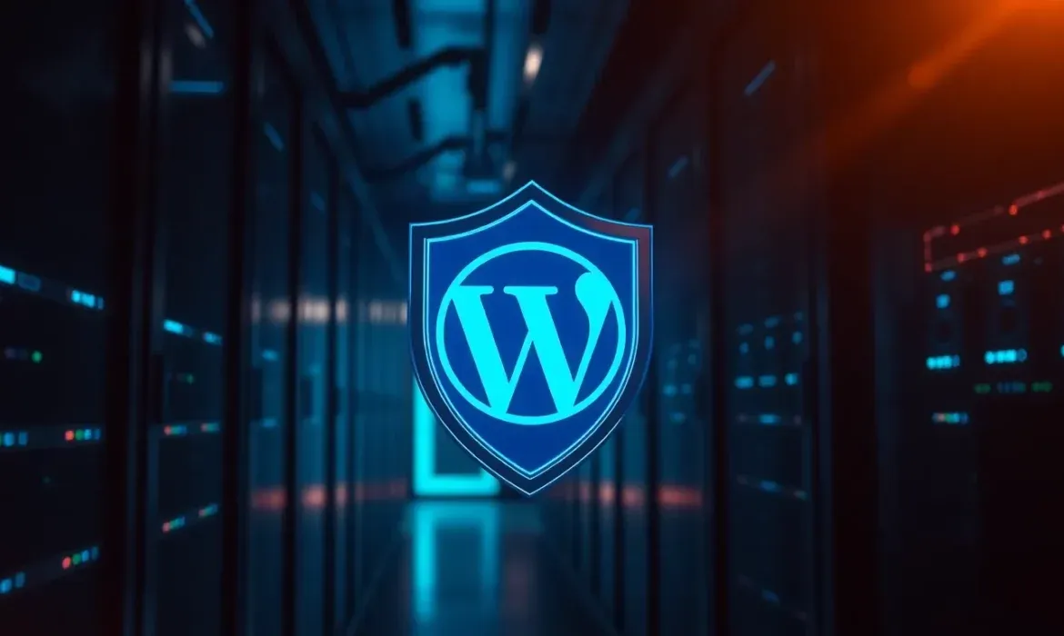 Icono de escudo azul con el logotipo de WordPress en primer plano sobre un pasillo de servidores iluminado en tonos azules y naranjas, simbolizando protecciรณn, cifrado y monitorizaciรณn para la seguridad sitio web wordpress