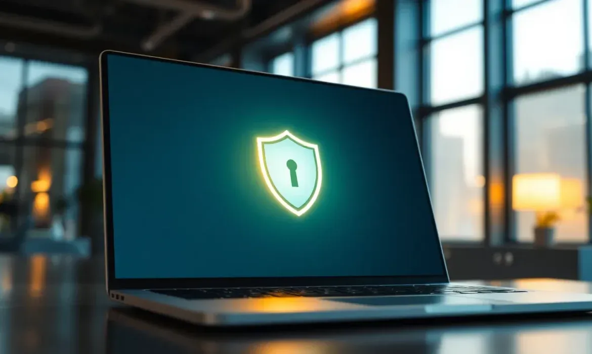 Portรกtil moderno sobre una mesa en una oficina con un icono de escudo y cerradura iluminado en la pantalla que simboliza seguridad y certificaciรณn y sirve como imagen para una guรญa tรฉcnica accesible y optimizada SEO titulada Soluciรณn al error SSL del certificado en la web.
