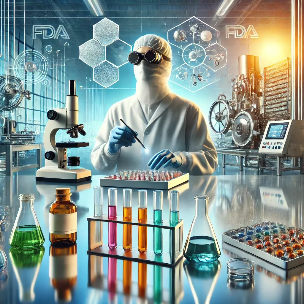 Modern laboratory setting showcasing Chemistry, Manufacturing, and Controls (CMC) in pharmaceutical drug development. Features include analytical instruments, colorful chemical solutions, and a production line with stainless steel equipment emphasizing quality control and compliance.