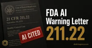 FDA Warning Letter 320-26-58 — any output or recommendations from an AI agent must be reviewed and cleared by an authorized human representative of your firm's QU