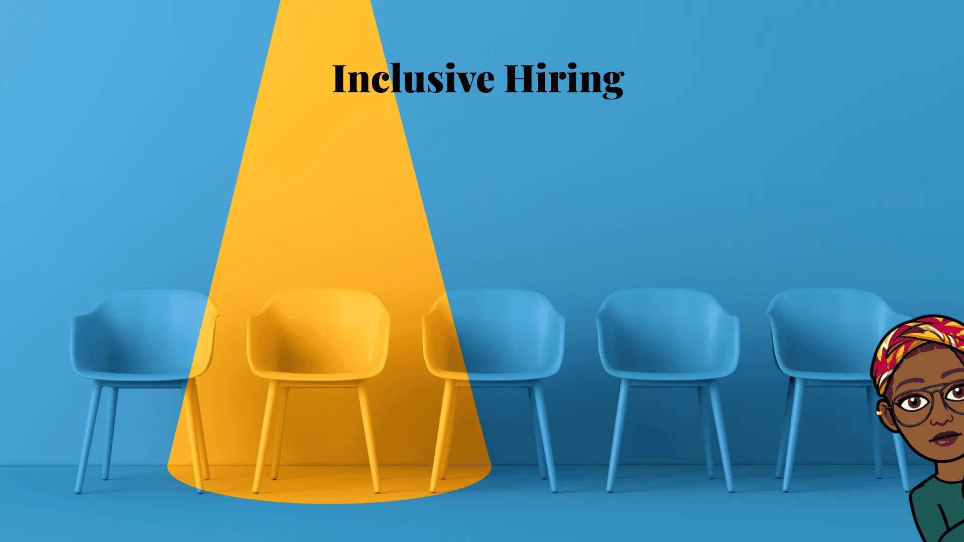 Inclusive Hiring Vivian Acquah - Amplify DEI A cartoon woman sits in front of a blue wall with chairs and a yellow light.