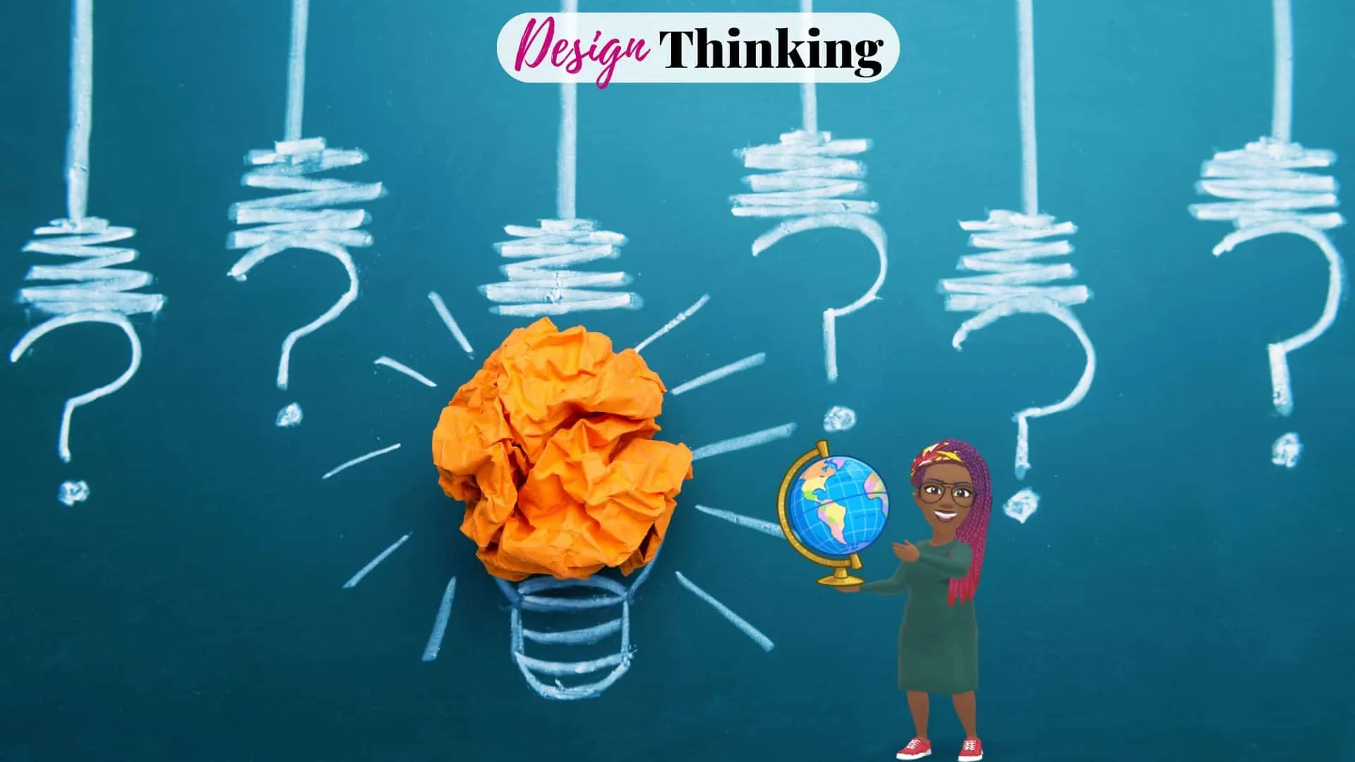 Design Thinking - Amplify DEI A cartoon woman sits in front of a blue wall with chairs and a yellow light.