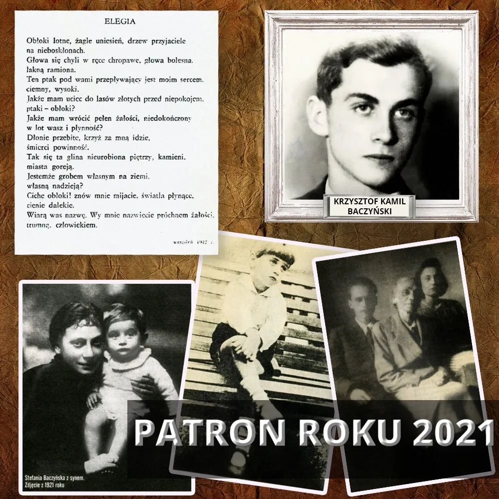 Kolaż ze zdjeć Baczyńskiego z napisem Patron Roku 2021