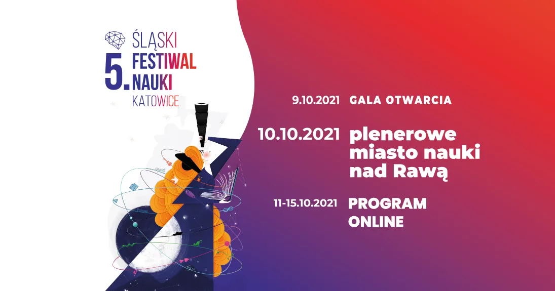 Baner 5 Śląskiego Festiwalu Nauki. Z prawej tekst 9.10.2021 Gala otwarcia, 10.10.2021 plenerowe miasto nauki nad Rawą, 11-15.10.2021 program online. Z lewej rysunek rudej dziewczyny z teleskopem spoglądającej w kosmos.