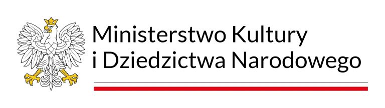 Logo polskiego Ministerstwa Kultury i Dziedzictwa Narodowego przedstawia białego orła ze złotą koroną po lewej stronie i polski tekst Ministerstwo Kultury i Dziedzictwa Narodowego w kolorze czarnym po prawej stronie, nad czerwono-czarną linią.