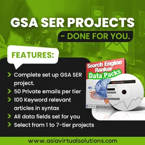 Asia Virtual Solutions – SEO Tools & GSA SER Services 23 Digital marketing service advertisement showcasing seo tools and features such as gsa ser projects, private emails, and keyword-relevant articles.