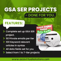 Asia Virtual Solutions – SEO Tools & GSA SER Services 23 Digital marketing service advertisement showcasing seo tools and features such as gsa ser projects, private emails, and keyword-relevant articles.
