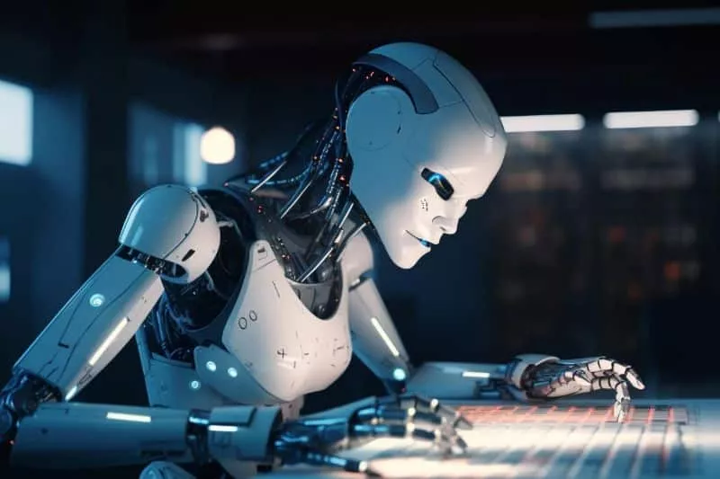 วิธีปกป้องเว็บไซต์ของคุณจากการถูกดึงข้อมูลโดยเครื่องมือ AI 2 หุ่นยนต์กำลังทำงานบนคอมพิวเตอร์เพื่อปกป้องเว็บไซต์ที่ถูกดึงข้อมูลในห้องมืด.