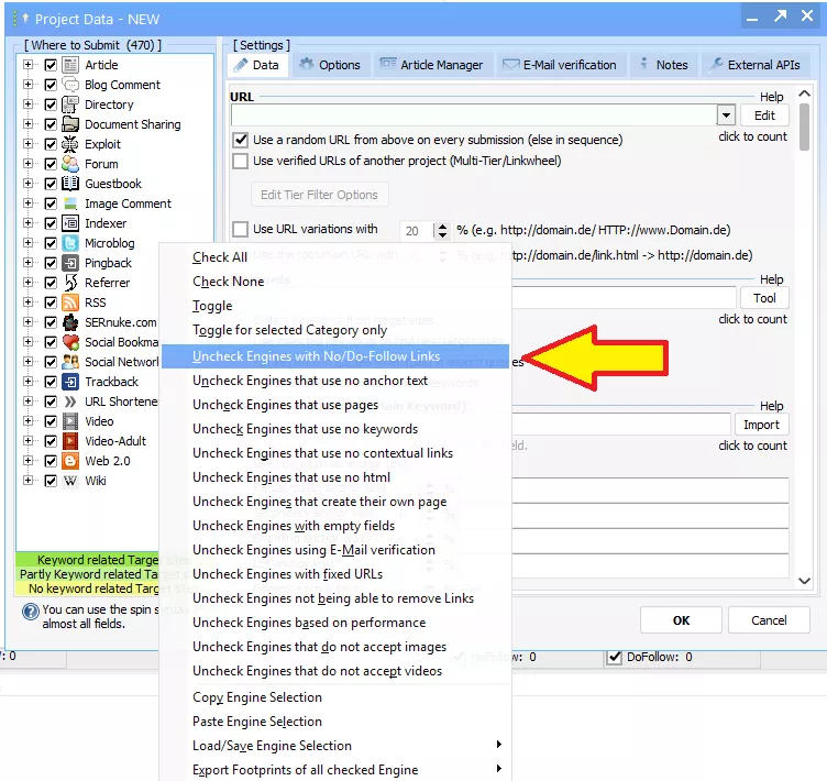 วิธีสร้างลิงก์ตามบริบทและลิงก์แบบ Do-Follow ด้วย GSA Search Engine Ranker 4 หน้าจอซอฟต์แวร์แสดงรายการเครื่องมือค้นหา พร้อมตัวเลือกเมนูแบบเลื่อนลง "ยกเลิกการเลือกเครื่องมือค้นหาที่ไม่มีลิงก์ Do-Follow" ที่ถูกเน้นด้วยลูกศรสีเหลือง.