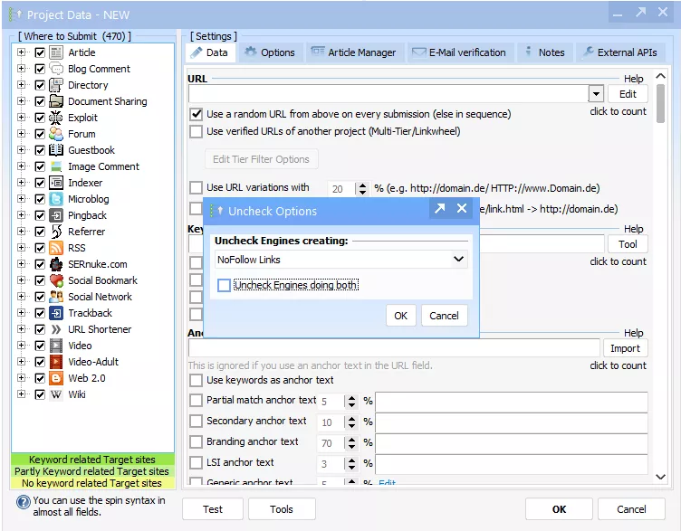 วิธีสร้างลิงก์ตามบริบทและลิงก์แบบ Do-Follow ด้วย GSA Search Engine Ranker 5 หน้าจอแสดงการตั้งค่าข้อมูลโครงการของซอฟต์แวร์ ซึ่งรวมถึงตัวเลือก URL และลิงก์ พร้อมหน้าต่างป๊อปอัพสำหรับการกำหนดค่าเครื่องมือค้นหา.