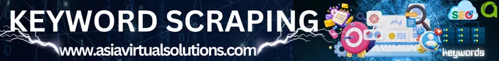 키워드 스크래핑 서비스 배너 이미지에는 "키워드 스크래핑"이라는 텍스트와 다채로운 디지털 그래픽, 그리고 웹사이트 URL www.asiavirtualsolutions.com이 표시됩니다.