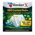 Quảng bá "Gói nội dung SEO RankerX – Bài viết chuyên sâu" của asiavirtualsolutions.com cho các chiến dịch web. Bao gồm các bài viết chuyên sâu dài 800-1200 từ. Các biểu tượng thể hiện SEO, viết bài và phân tích.