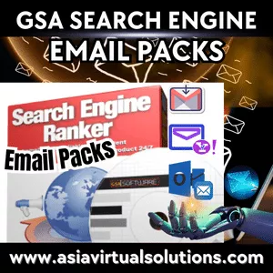 GSA Search Engine Ranker email packs Promotional 300x300 graphic for GSA Search Engine Ranker email packs with various internet and email symbols.