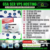 GSA Search Engine Ranker VPS (200 x 200) -5 16 Рекламный макет VPS-хостинга GSA SER от Asia Virtual Solutions, демонстрирующий 10 виртуальных ядер ЦП, 12 ГБ оперативной памяти ECC и NVMe-накопитель объемом 150 ГБ. Оптимизируйте свои стратегии поисковой оптимизации с помощью нашего мощного VPS-решения.