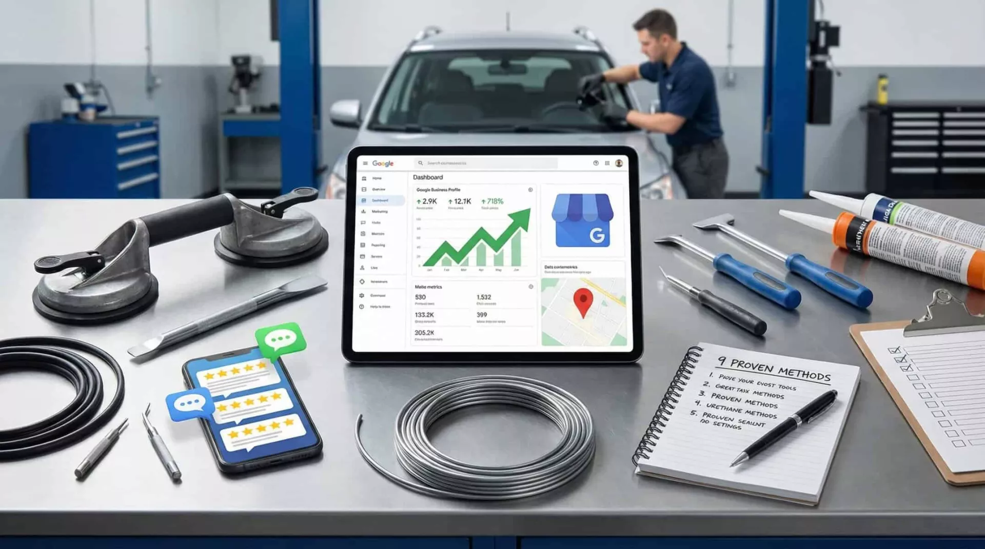 Precise auto glass repair marketing strategies using digital tools and SEO.