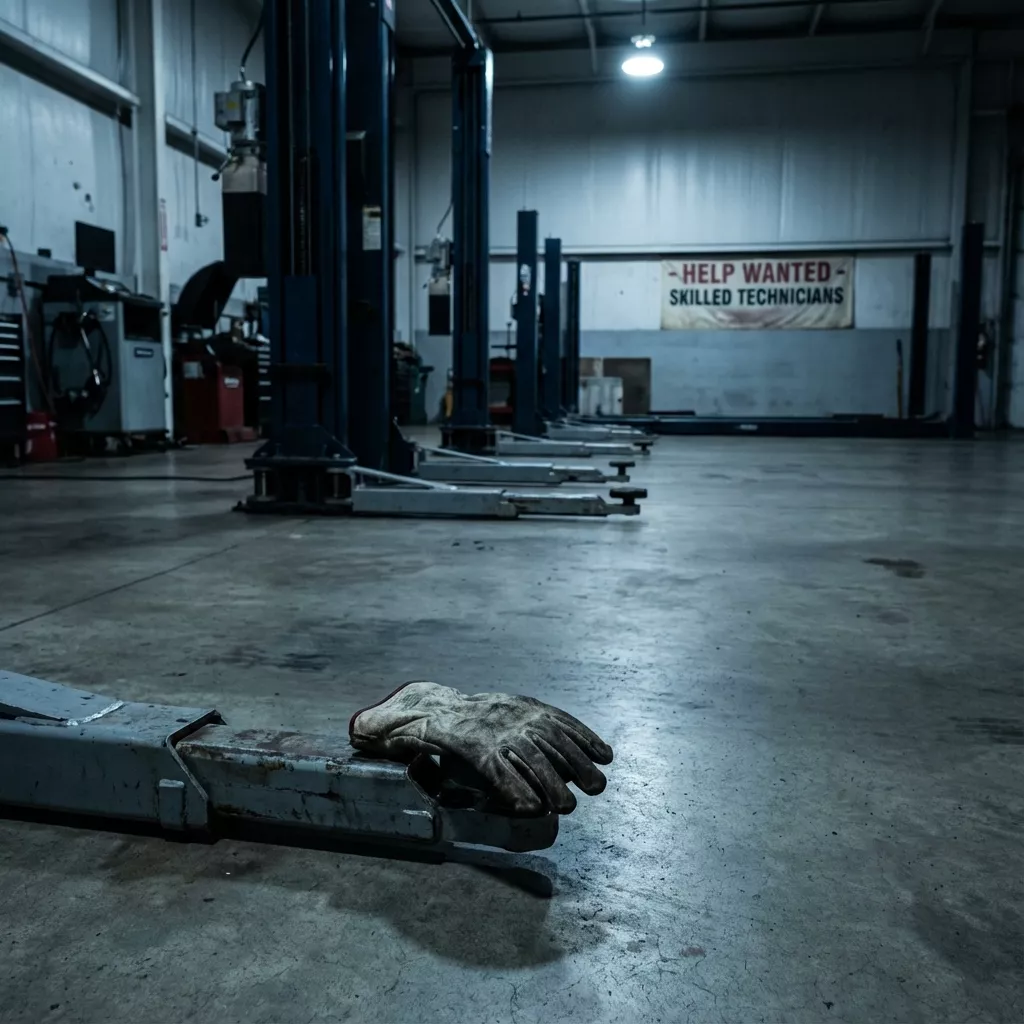 Industrial auto repair shop with tools for windshield replacement and auto glass repair.