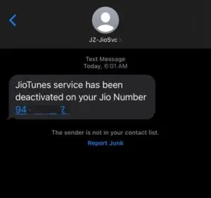 JioTune removal confirmation message