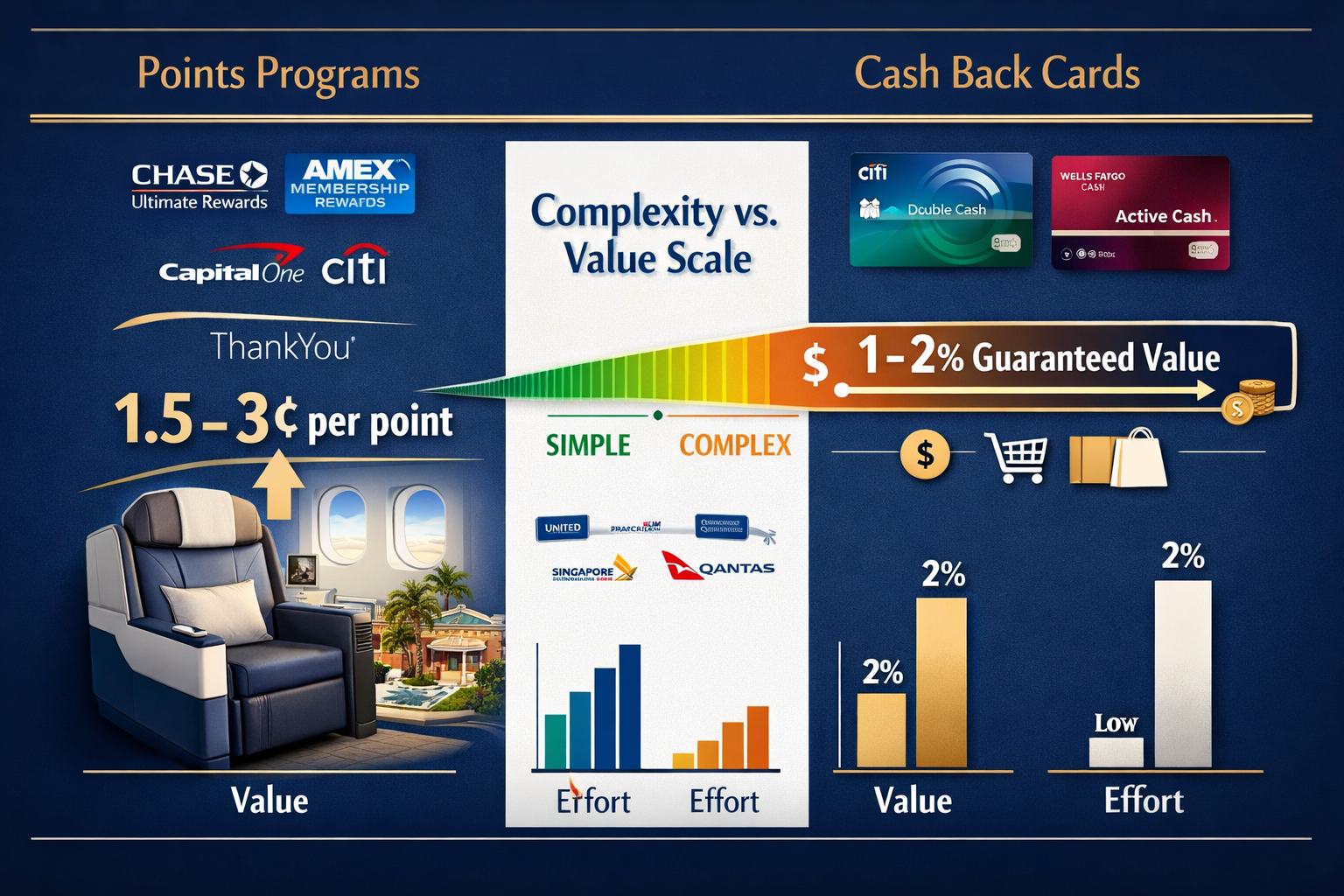 Credit Card Points vs. Cash Back: Which Rewards Strategy Wins in 2026? Detailed infographic-style landscape image (1536x1024) showing side-by-side value comparison framework with two distinct columns labeled 'Po