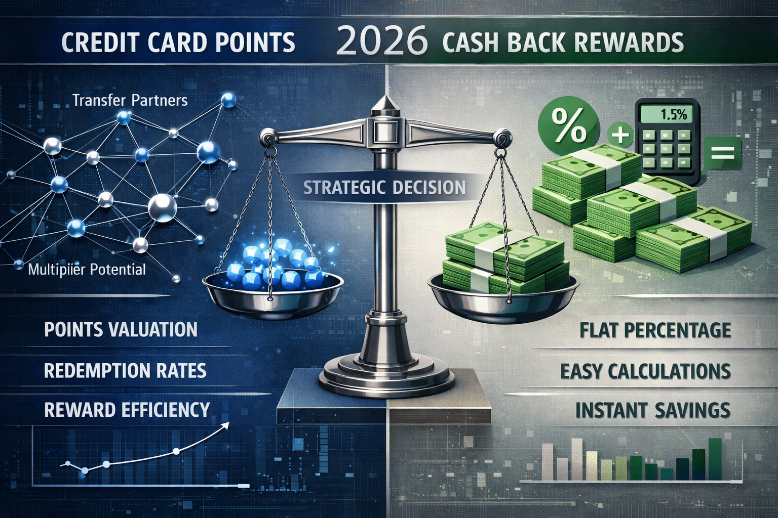 Credit Card Points vs. Cash Back: Which Rewards Strategy Wins in 2026? Editorial-style split-screen infographic comparing credit card points and cash back rewards strategies for 2026. Left side visualizes credit