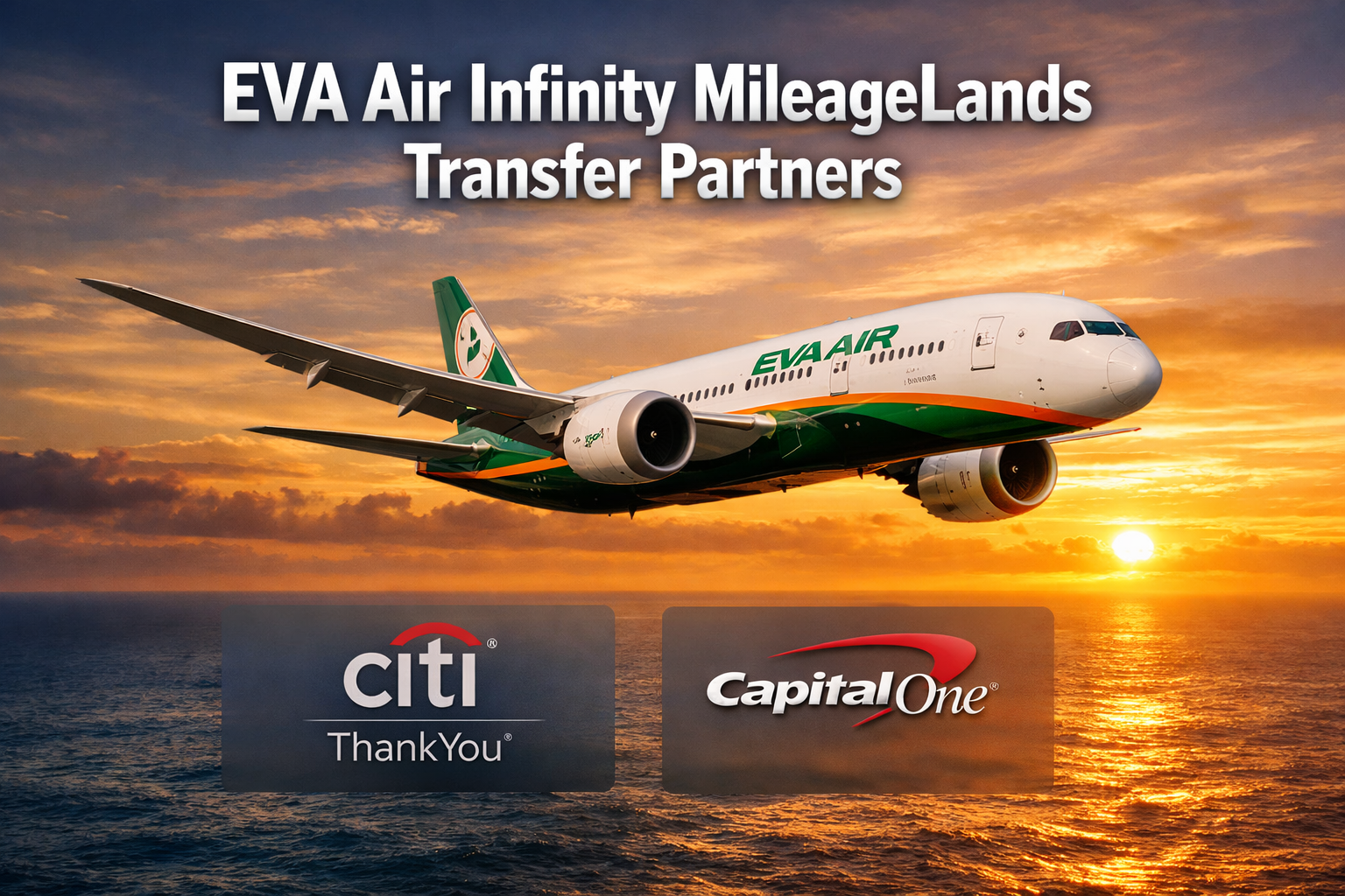 EVA Air Infinity MileageLands Transfer Partners Professional landscape format (1536x1024) hero image featuring bold text overlay 'EVA Air Infinity MileageLands Transfer Partners' in extra