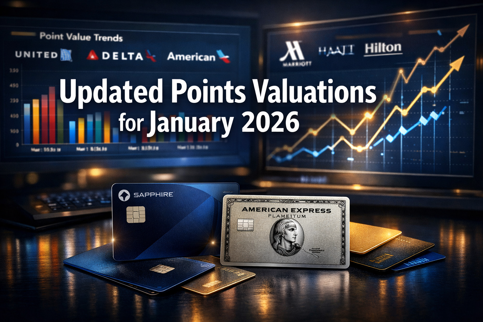 Updated Points Valuations for January 2026 Professional landscape hero image (1536x1024) featuring bold text overlay 'Updated Points Valuations for January 2026' in extra large 72pt w