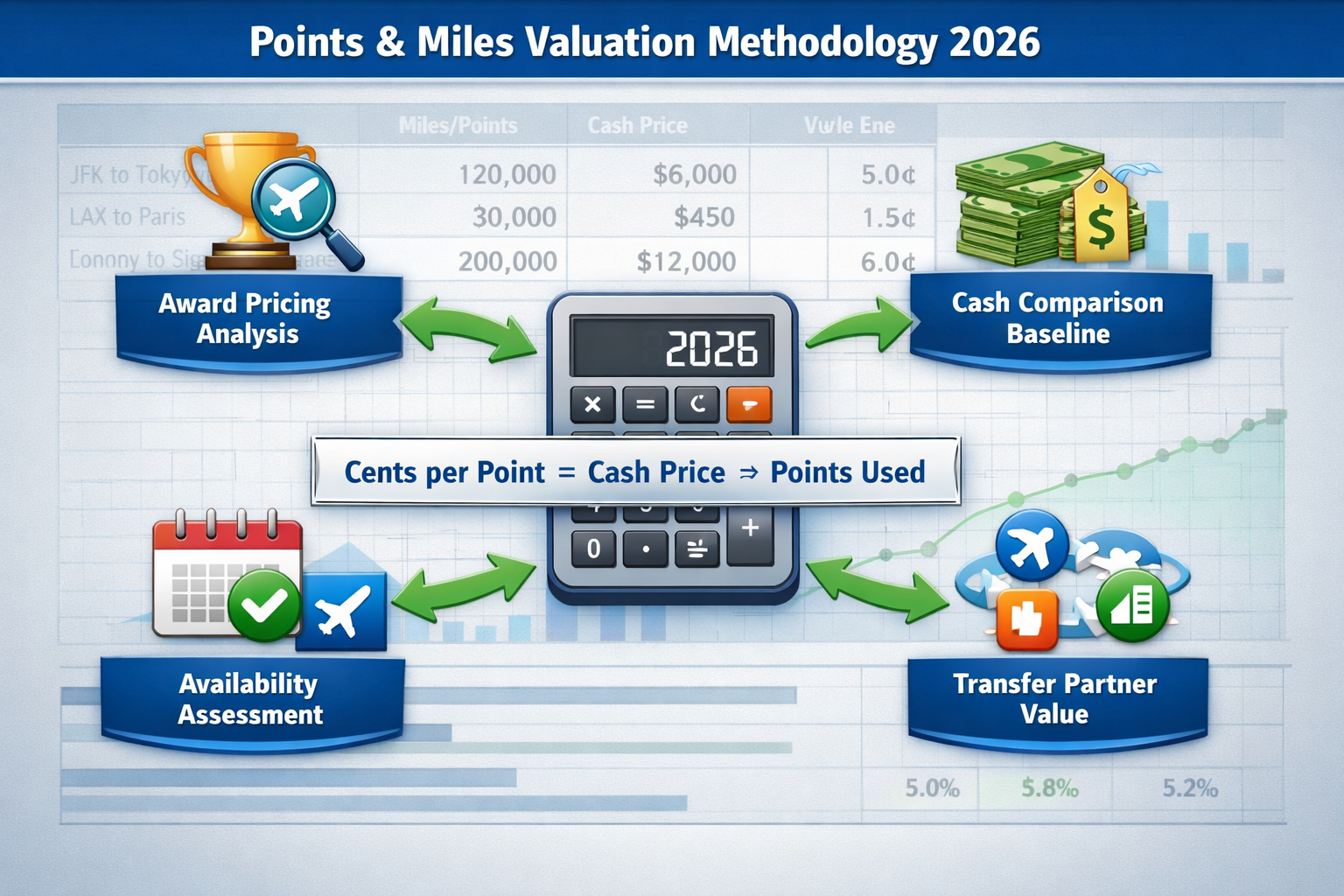 Updated Points Valuations for January 2026 Detailed landscape infographic (1536x1024) showing methodology framework for calculating points and miles valuations in 2026. Visual include
