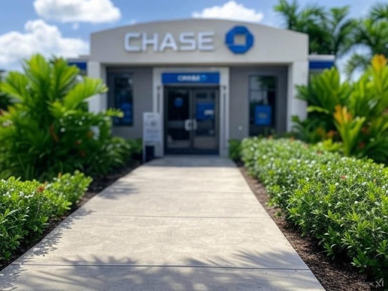 Chase Bank A sidewalk leads to the entrance of a Chase bank branch, surrounded by lush green bushes and palm trees under a bright, partly cloudy sky—an inviting spot to explore Chase credit cards and learn about credit card approval.