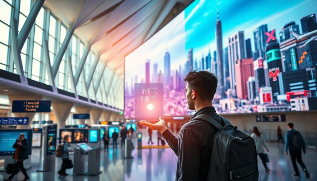 A bustling airport terminal, with sleek, angular architecture and an abundance of natural light streaming through floor-to-ceiling windows. In the foreground, a traveler stands, their gaze fixed on a glowing holographic display floating above their palm, showcasing a dynamic NFT representation of their travel rewards. The middle ground features a seamless integration of digital signage and physical kiosks, where other passengers interact with their own virtual travel assets. In the background, a vast digital mural spans the length of the terminal, depicting a vibrant, futuristic cityscape, its skyscrapers and landmarks rendered in a captivating, ethereal style. The scene conveys a sense of innovation, connectivity, and the fusion of the physical and digital realms in the modern travel experience. A bustling airport terminal, with sleek, angular architecture and an abundance of natural light streaming through floor-to-ceiling windows. In the foreground, a traveler stands, their gaze fixed on a glowing holographic display floating above their palm, showcasing a dynamic NFT representation of their travel rewards. The middle ground features a seamless integration of digital signage and physical kiosks, where other passengers interact with their own virtual travel assets. In the background, a vast digital mural spans the length of the terminal, depicting a vibrant, futuristic cityscape, its skyscrapers and landmarks rendered in a captivating, ethereal style. The scene conveys a sense of innovation, connectivity, and the fusion of the physical and digital realms in the modern travel experience.