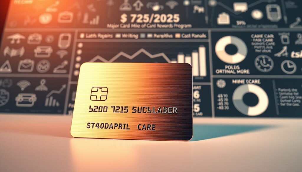 A detailed infographic showcasing the valuations of major credit card rewards programs in April 2025. In the foreground, a sleek metal credit card with an embossed rewards program logo casts a subtle shadow on a minimalist, monochrome background. The middle ground features a sophisticated data visualization, with line graphs, bar charts, and pie charts displaying the comparative worth of points, miles, and cash-back offerings from leading issuers. The background is a softly blurred array of credit card symbols, holographic patterns, and financial iconography, creating a sense of depth and authority. Warm, directional lighting from the top left casts a refined, professional atmosphere, while a low-angle perspective enhances the prominence of the central infographic elements. A detailed infographic showcasing the valuations of major credit card rewards programs in April 2025. In the foreground, a sleek metal credit card with an embossed rewards program logo casts a subtle shadow on a minimalist, monochrome background. The middle ground features a sophisticated data visualization, with line graphs, bar charts, and pie charts displaying the comparative worth of points, miles, and cash-back offerings from leading issuers. The background is a softly blurred array of credit card symbols, holographic patterns, and financial iconography, creating a sense of depth and authority. Warm, directional lighting from the top left casts a refined, professional atmosphere, while a low-angle perspective enhances the prominence of the central infographic elements.