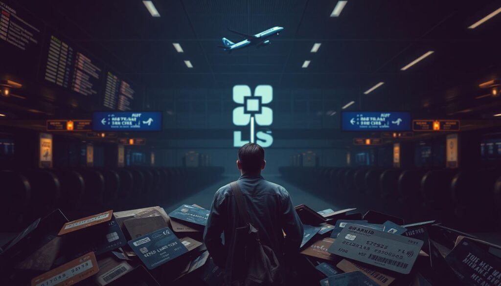 A dimly lit airport terminal, the glow of departure boards and luggage carousels casting a moody, subdued atmosphere. In the foreground, a weary traveler stands amid a jumble of worn loyalty cards, their expiration dates and limited benefits highlighted in muted tones. The middle ground features an imposing, blocky corporate logo, symbolizing the rigid constraints of traditional travel reward programs. In the background, a faint outline of an airplane taking off, suggesting the disconnect between these antiquated systems and the evolving needs of the modern, dynamic traveler. The overall scene conveys a sense of frustration and the desire for more flexible, technology-driven travel rewards solutions. A dimly lit airport terminal, the glow of departure boards and luggage carousels casting a moody, subdued atmosphere. In the foreground, a weary traveler stands amid a jumble of worn loyalty cards, their expiration dates and limited benefits highlighted in muted tones. The middle ground features an imposing, blocky corporate logo, symbolizing the rigid constraints of traditional travel reward programs. In the background, a faint outline of an airplane taking off, suggesting the disconnect between these antiquated systems and the evolving needs of the modern, dynamic traveler. The overall scene conveys a sense of frustration and the desire for more flexible, technology-driven travel rewards solutions.
