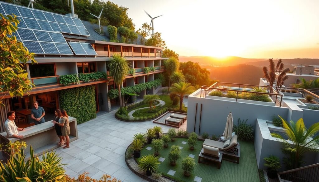 A serene, modern hotel nestled amidst lush greenery, its facade adorned with solar panels and wind turbines. In the foreground, a group of guests checks in at the eco-conscious reception, their faces beaming with satisfaction. The middle ground reveals a tranquil courtyard with a living green wall and a reflecting pool, where visitors lounge on sustainable bamboo furniture. In the background, the hotel's rooftop showcases a rooftop garden and a panoramic view of the surrounding landscape, bathed in the warm glow of the sunset. The scene conveys a harmonious blend of comfort, sustainability, and environmental stewardship. A serene, modern hotel nestled amidst lush greenery, its facade adorned with solar panels and wind turbines. In the foreground, a group of guests checks in at the eco-conscious reception, their faces beaming with satisfaction. The middle ground reveals a tranquil courtyard with a living green wall and a reflecting pool, where visitors lounge on sustainable bamboo furniture. In the background, the hotel's rooftop showcases a rooftop garden and a panoramic view of the surrounding landscape, bathed in the warm glow of the sunset. The scene conveys a harmonious blend of comfort, sustainability, and environmental stewardship.