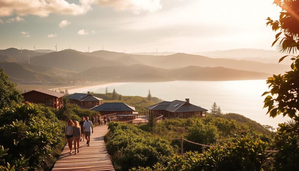 A tranquil, sun-dappled scene of a coastal eco-resort nestled amidst lush greenery. In the foreground, guests stroll along a wooden boardwalk, pausing to admire the breathtaking ocean vistas. The middle ground showcases an array of sustainable lodging options, their architecture seamlessly blending with the natural landscape. In the background, rolling hills dotted with wind turbines and solar panels convey a sense of renewable energy powering this idyllic sustainable oasis. The warm, golden lighting and soft, hazy atmosphere evoke a serene, eco-conscious ambiance, inviting visitors to immerse themselves in the harmony of nature and responsible tourism. A tranquil, sun-dappled scene of a coastal eco-resort nestled amidst lush greenery. In the foreground, guests stroll along a wooden boardwalk, pausing to admire the breathtaking ocean vistas. The middle ground showcases an array of sustainable lodging options, their architecture seamlessly blending with the natural landscape. In the background, rolling hills dotted with wind turbines and solar panels convey a sense of renewable energy powering this idyllic sustainable oasis. The warm, golden lighting and soft, hazy atmosphere evoke a serene, eco-conscious ambiance, inviting visitors to immerse themselves in the harmony of nature and responsible tourism.