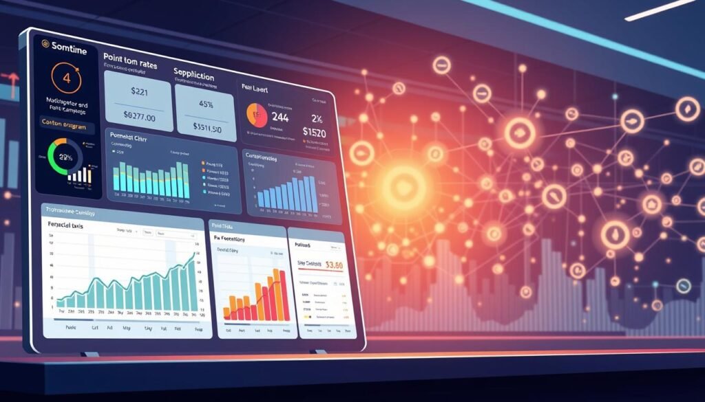 Understanding the Value of Points and Miles: April 2025 Update A digital dashboard displays various financial and performance charts, including insights on credit card points. Colorful data visualizations and a glowing network of connected nodes in the background create a technological atmosphere.