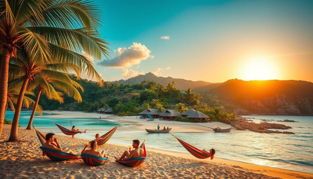 A picturesque beach scene with swaying palm trees, crystal-clear turquoise waters, and a vibrant sunset glow. In the foreground, a group of people lounging on colorful hammocks, sipping tropical cocktails. In the middle ground, a cluster of quaint beach bungalows with thatched roofs, surrounded by lush, verdant foliage. In the background, rolling hills and rugged cliffs, with a winding hiking trail leading to hidden vantage points. Soft, warm lighting illuminates the scene, creating a serene and inviting atmosphere. The overall composition evokes a sense of undiscovered paradise, a true hidden gem destination for a summer getaway in 2025. A picturesque beach scene with swaying palm trees, crystal-clear turquoise waters, and a vibrant sunset glow. In the foreground, a group of people lounging on colorful hammocks, sipping tropical cocktails. In the middle ground, a cluster of quaint beach bungalows with thatched roofs, surrounded by lush, verdant foliage. In the background, rolling hills and rugged cliffs, with a winding hiking trail leading to hidden vantage points. Soft, warm lighting illuminates the scene, creating a serene and inviting atmosphere. The overall composition evokes a sense of undiscovered paradise, a true hidden gem destination for a summer getaway in 2025.