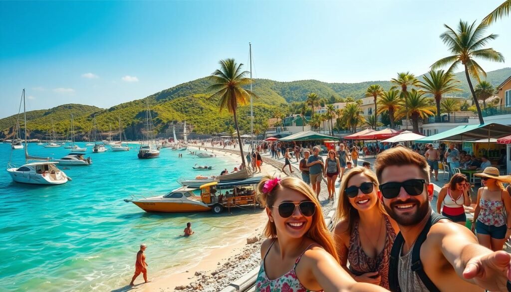 A sun-drenched coastal scene in 2025, with travelers lounging on pristine beaches, exploring vibrant seaside towns, and embarking on adventurous excursions. In the foreground, a group of friends snap selfies against a backdrop of colorful sailboats and turquoise waters. In the middle ground, families stroll along a bustling promenade, pausing to sample local cuisine from food trucks and outdoor cafes. The background features lush, verdant hills and towering palm trees, bathed in a warm, golden glow from the afternoon sun. The overall atmosphere evokes a sense of carefree summer escapism, with a touch of futuristic flair to reflect the era. A sun-drenched coastal scene in 2025, with travelers lounging on pristine beaches, exploring vibrant seaside towns, and embarking on adventurous excursions. In the foreground, a group of friends snap selfies against a backdrop of colorful sailboats and turquoise waters. In the middle ground, families stroll along a bustling promenade, pausing to sample local cuisine from food trucks and outdoor cafes. The background features lush, verdant hills and towering palm trees, bathed in a warm, golden glow from the afternoon sun. The overall atmosphere evokes a sense of carefree summer escapism, with a touch of futuristic flair to reflect the era.