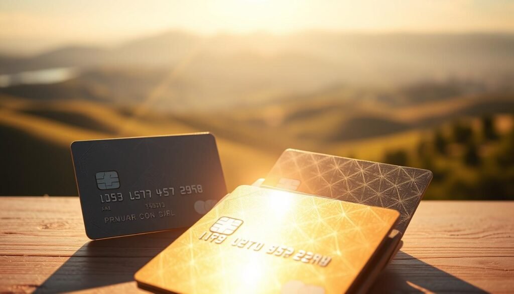 A tranquil, sun-drenched scene depicting the benefits of a rewards credit card. In the foreground, a stack of premium metal credit cards glints under warm, natural lighting, their surfaces etched with intricate geometric patterns. In the middle ground, a floating holographic interface displays a vibrant array of icons representing travel rewards, cash back, and exclusive perks. The background reveals a serene landscape of rolling hills and a distant horizon, suggesting the freedom and adventure enabled by the card's capabilities. The overall atmosphere conveys a sense of refined luxury, technological sophistication, and the promise of enriching experiences for the discerning, independent traveler. A tranquil, sun-drenched scene depicting the benefits of a rewards credit card. In the foreground, a stack of premium metal credit cards glints under warm, natural lighting, their surfaces etched with intricate geometric patterns. In the middle ground, a floating holographic interface displays a vibrant array of icons representing travel rewards, cash back, and exclusive perks. The background reveals a serene landscape of rolling hills and a distant horizon, suggesting the freedom and adventure enabled by the card's capabilities. The overall atmosphere conveys a sense of refined luxury, technological sophistication, and the promise of enriching experiences for the discerning, independent traveler.