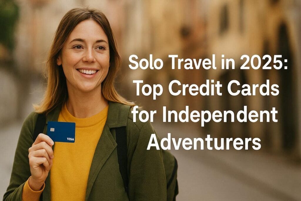 Solo Travel in 2025: Top Credit Cards for Independent Adventurers A smiling woman holds a blue credit card outdoors. Text beside her reads: Solo Travel in 2025: Best Credit Cards for Independent Adventurers, featuring top travel credit cards for your next solo journey.