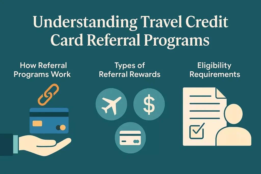 Are Travel Credit Card Referrals Still Worth It in 2025? Infographic titled Understanding Travel Credit Card Referral Programs with icons showing travel credit cards, referral bonuses, and a checklist, illustrating rewards, eligibility, and the question: are travel credit card referrals still worth it in 2025?.