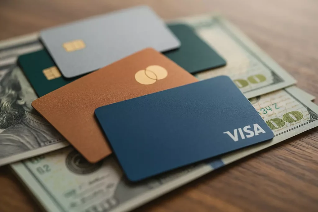 Are Travel Credit Card Referrals Still Worth It in 2025? Four credit cards in different colors, including a blue Visa card and a brown MasterCard, lie atop several 100 US dollar bills on a wooden surface—perfect for those interested in travel hacking or earning extra points and miles.