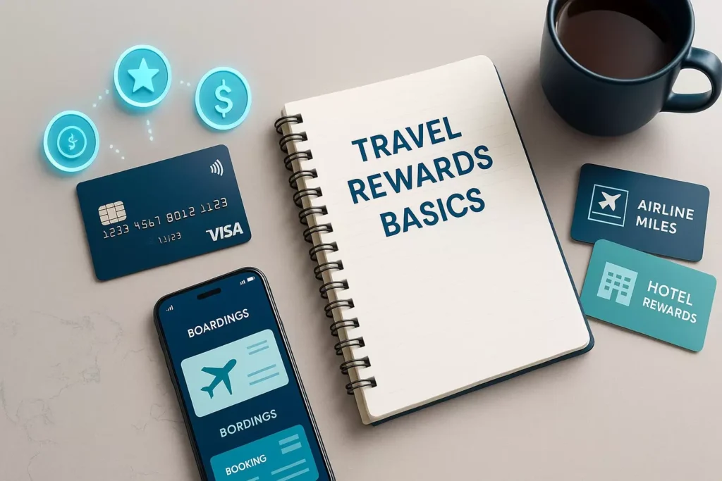 Beginner’s Guide to Travel Rewards: Start Earning Free Trips in 2025 A notebook titled Travel Rewards Basics sits on a desk with a coffee cup, smartphone, and reward cards. Digital currency and star icons float above—your beginner's guide to travel rewards: start earning free trips in 2025 through credit card rewards!.