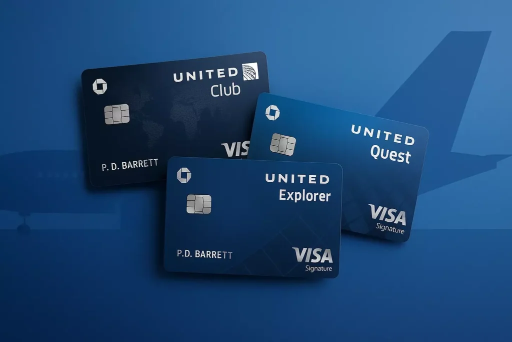 Maximize the New Benefits of Chase & United's Travel Cards Three United Airlines Visa credit cards—Club, Explorer, and Quest—displayed in front of a blue background with a faint airplane image. Perfect for travel rewards enthusiasts maximizing the new benefits of Chase and United’s enhanced travel credit cards.
