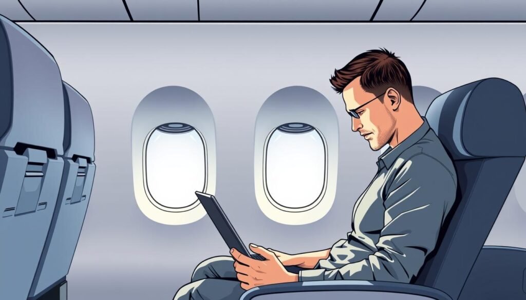 A digital illustration depicting the "American Airlines free in-flight wi-fi for AAdvantage members" concept. The scene shows a modern aircraft cabin interior with comfortable seating, overhead storage, and ambient lighting. In the foreground, a passenger is using a laptop, seamlessly connected to the internet via the complimentary in-flight Wi-Fi service. The background features the American Airlines logo and brand colors, conveying a sense of premium air travel experience for the loyalty program members. The image is rendered with a clean, minimalist aesthetic, emphasizing the convenience and value of the free Wi-Fi offering. A digital illustration depicting the "American Airlines free in-flight wi-fi for AAdvantage members" concept. The scene shows a modern aircraft cabin interior with comfortable seating, overhead storage, and ambient lighting. In the foreground, a passenger is using a laptop, seamlessly connected to the internet via the complimentary in-flight Wi-Fi service. The background features the American Airlines logo and brand colors, conveying a sense of premium air travel experience for the loyalty program members. The image is rendered with a clean, minimalist aesthetic, emphasizing the convenience and value of the free Wi-Fi offering.