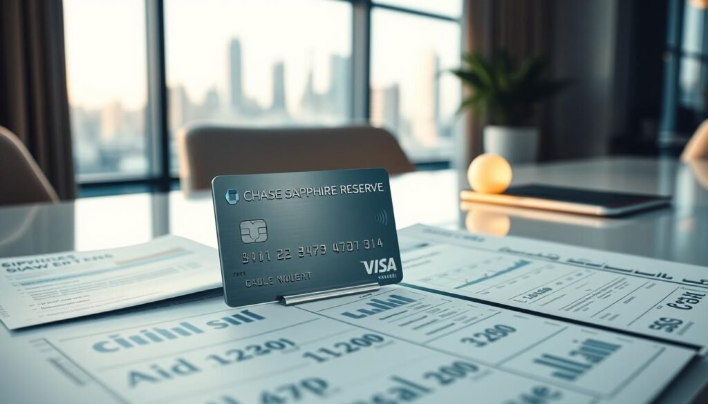 A high-quality premium travel card value analysis shown on a modern, minimalist desk. In the foreground, a sleek metal credit card stands upright, casting a subtle shadow. The middle ground features a neatly organized array of financial documents, including cost breakdowns and benefit comparisons. The background showcases a clean, well-lit office setting with a large window overlooking a cityscape, conveying a sense of professionalism and sophistication. Lighting is soft and diffused, creating a warm, inviting atmosphere. The overall composition emphasizes the careful evaluation of the card's value proposition through a balanced, analytical approach. A high-quality premium travel card value analysis shown on a modern, minimalist desk. In the foreground, a sleek metal credit card stands upright, casting a subtle shadow. The middle ground features a neatly organized array of financial documents, including cost breakdowns and benefit comparisons. The background showcases a clean, well-lit office setting with a large window overlooking a cityscape, conveying a sense of professionalism and sophistication. Lighting is soft and diffused, creating a warm, inviting atmosphere. The overall composition emphasizes the careful evaluation of the card's value proposition through a balanced, analytical approach.