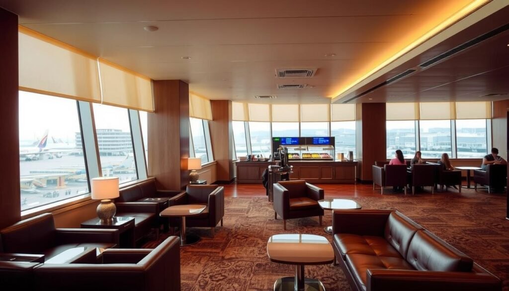 A modern, well-appointed priority pass lounge, bathed in warm, diffused lighting that creates a cozy, inviting atmosphere. Leather armchairs and sofas arranged around low tables, with a central buffet area showcasing an array of refreshments. The lounge features floor-to-ceiling windows, offering panoramic views of the bustling airport terminal. Subtle, minimalist decor elements and clean lines give the space a refined, sophisticated feel. Travelers relax and recharge, enjoying the quiet respite from the busy concourse. The overall impression is one of comfort, convenience, and an elevated airport experience. A modern, well-appointed priority pass lounge, bathed in warm, diffused lighting that creates a cozy, inviting atmosphere. Leather armchairs and sofas arranged around low tables, with a central buffet area showcasing an array of refreshments. The lounge features floor-to-ceiling windows, offering panoramic views of the bustling airport terminal. Subtle, minimalist decor elements and clean lines give the space a refined, sophisticated feel. Travelers relax and recharge, enjoying the quiet respite from the busy concourse. The overall impression is one of comfort, convenience, and an elevated airport experience.