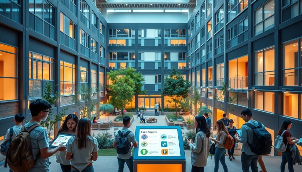 A modern, well-lit student housing complex with a vibrant rewards program. In the foreground, students gather around a central kiosk, examining the rewards program details on digital displays. The middle ground features a bustling courtyard with lush greenery, outdoor seating, and study areas. In the background, the architectural design showcases clean lines, large windows, and a mix of contemporary and natural materials. The lighting is a balance of warm, inviting tones and cool, natural daylight, creating an atmosphere of productivity and community. The overall scene conveys a sense of innovation, connectivity, and the rewarding experience of student living. A modern, well-lit student housing complex with a vibrant rewards program. In the foreground, students gather around a central kiosk, examining the rewards program details on digital displays. The middle ground features a bustling courtyard with lush greenery, outdoor seating, and study areas. In the background, the architectural design showcases clean lines, large windows, and a mix of contemporary and natural materials. The lighting is a balance of warm, inviting tones and cool, natural daylight, creating an atmosphere of productivity and community. The overall scene conveys a sense of innovation, connectivity, and the rewarding experience of student living.