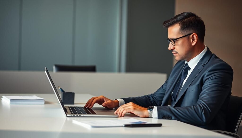 A sophisticated man in a well-tailored suit sits at a sleek, minimalist desk, intently studying the screen of his laptop. The desk is neatly organized, with a stack of papers, a pen holder, and a strategically placed Chase credit card. Soft, directional lighting illuminates the scene, casting subtle shadows and highlighting the man's focused expression. In the background, a modern office interior with clean lines and neutral tones creates a professional, polished atmosphere. The overall impression conveys a sense of optimization, efficiency, and the careful management of Chase travel points. A sophisticated man in a well-tailored suit sits at a sleek, minimalist desk, intently studying the screen of his laptop. The desk is neatly organized, with a stack of papers, a pen holder, and a strategically placed Chase credit card. Soft, directional lighting illuminates the scene, casting subtle shadows and highlighting the man's focused expression. In the background, a modern office interior with clean lines and neutral tones creates a professional, polished atmosphere. The overall impression conveys a sense of optimization, efficiency, and the careful management of Chase travel points.