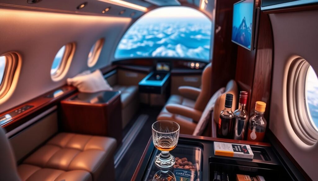 A luxurious first-class cabin aboard a private jet, bathed in warm, soft lighting. The plush leather seats and sleek, polished wood accents exude an atmosphere of refined elegance. In the foreground, a crystal tumbler filled with a premium spirit rests on a minibar, surrounded by gourmet snacks and thoughtful amenities. Outside the window, a breathtaking aerial view of snow-capped mountains and azure skies. The scene evokes a sense of exclusivity, comfort, and the ultimate in personalized travel experiences. A luxurious first-class cabin aboard a private jet, bathed in warm, soft lighting. The plush leather seats and sleek, polished wood accents exude an atmosphere of refined elegance. In the foreground, a crystal tumbler filled with a premium spirit rests on a minibar, surrounded by gourmet snacks and thoughtful amenities. Outside the window, a breathtaking aerial view of snow-capped mountains and azure skies. The scene evokes a sense of exclusivity, comfort, and the ultimate in personalized travel experiences.